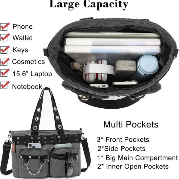 Corduroy Tote Bag Goth Bags for Women Large Gothic Goth Purse for College Work O - Picture 4 of 7